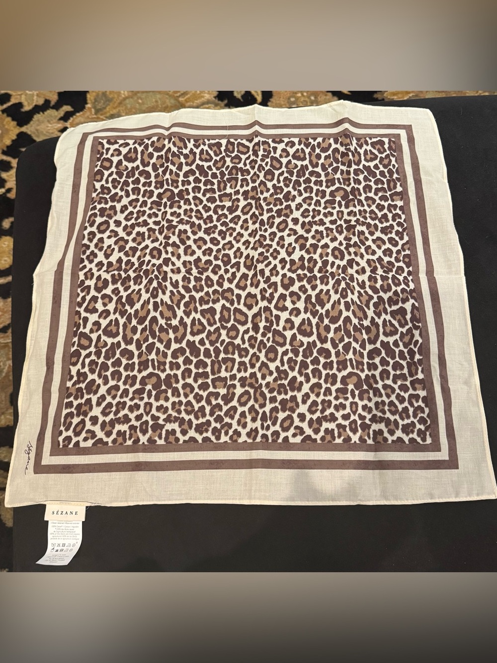 Sézane Leopard Print Cotton Square Scarf / Bandana – Cream Brown – Never Worn